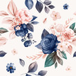 Floral seamless pattern of navy and peach watercolor roses and wild flowers arrangements on white background for fashion, print, textile, fabric, and card background