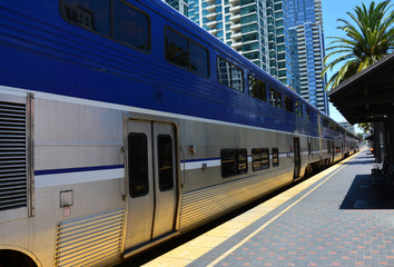 blue and silver train park at the San Diego railway station in Sunny day