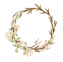 Watercolor Frame With Green Autumn Flowers, Branches, Berries And Leaves, Isolated On White Background. Aesthetic Wreath In Boho Style, Autumn Mood