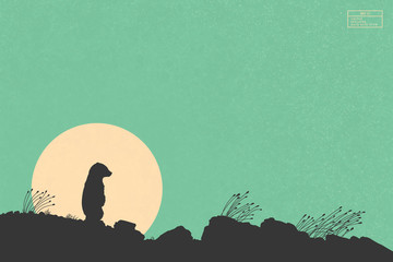Sticker - Lonely little bear on rocky ground. Baby animal isolated silhouette and yellow sun on green texture background. Vector illustration for use in polygraphy, textile, design, nursery decor