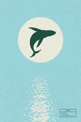 Sticker - Whale jumping under water. Big fish isolated silhouette and white sun on blue texture background. Lonely sea animal in nature. Vector illustration for use in polygraphy, textile, design