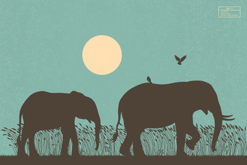 Sticker - Elephant family walking in tall grass. Animal mother and baby isolated silhouettes. Yellow sun on blue texture background. Vector illustration for use in polygraphy, textile, design, nursery decor
