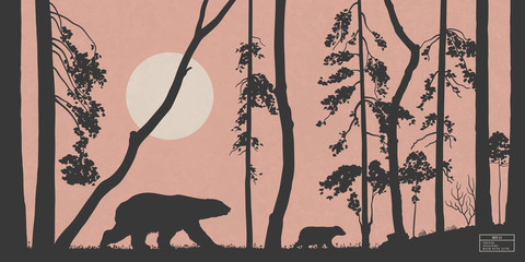 Sticker - bears family walking in mixed forest. animal mother and baby isolated silhouettes between trees. whi
