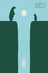 Sticker - polar bears family on cracked iceberg. animal mother and baby isolated silhouettes on edge of cliff.