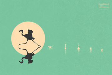 Sticker - Lonely flamingo running on lake. Elegant bird isolated silhouette and splashes on water. Yellow sun on green texture background. Vector illustration for use in polygraphy, textile, design, decor