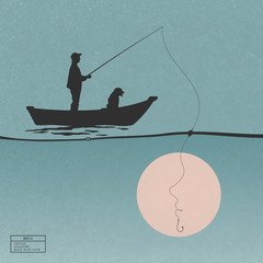 Sticker - Fisherman in boat with fishing rod. One line female portrait. Man isolated silhouette catches pink sun on blue texture background. Vector illustration for use in polygraphy, textile, design