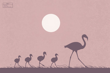 Sticker - Flamingo family walking in grass. Landscape with bird mother and children isolated silhouettes. White sun on pink texture background. Vector illustration for use in polygraphy, textile, design, decor