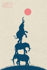 Poster - elephants reach for red sun on yellow textured background. isolated silhouettes of three animals sta