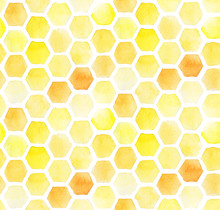 Watercolor Drawing, Honeycomb Seamless Pattern. Cute Abstract Background With Yellow Honeycombs Isolated On White Background. Design For Wallpaper, Fabric, Wrapping Paper