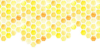 seamless background, honeycomb border. yellow honeycomb watercolor hand drawing. isolated on white b