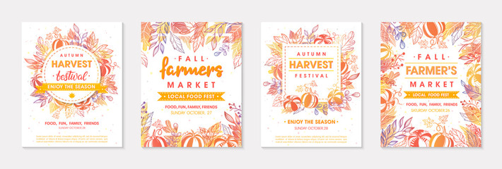 Wall Mural - Set of autumn farmers market banners with leaves and floral elements.Local food fest design perfect for prints,flyers,banners,invitations.Fall harvest festival.Vector autumn illustrations.