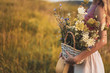 Woman holding basket with flowers and enjoys in the nature.Focus on flowers.