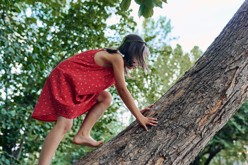 side view of the little girl climbs on the tree exploring the nature. happy child playing in the par