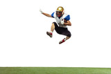 Fototapeta Sport - In jump, flight. American football player isolated on white studio background with copyspace. Professional sportsman during game playing in action and motion. Concept of sport, movement, achievements.