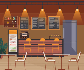 Wall Mural - Cafe pub interior render idea design concept. Vector flat graphic simple illustration