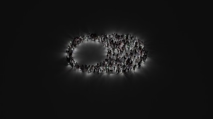 Wall Mural - 3d rendering of crowd of people with flashlight in shape of symbol of switch on dark background