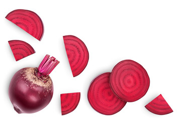 beetroot slices isolated on white background with clipping path . Top view with copy space for your text. Flat lay