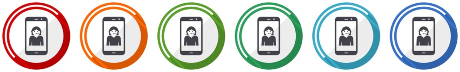 Poster - Online customer service in smartphone, icon set, flat design vector illustration in 6 colors options for webdesign and mobile applications