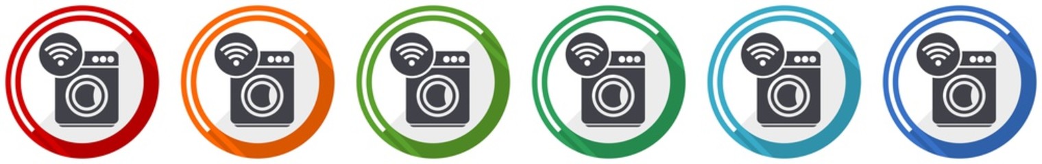 Aufkleber - Washing machine, internet, wifi icon set, flat design vector illustration in 6 colors options for webdesign and mobile applications