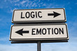 Logic vs emotion. White two street signs with arrow on metal pole with word. Directional road. Crossroads Road Sign, Two Arrow. Blue sky background. Two way road sign with text.
