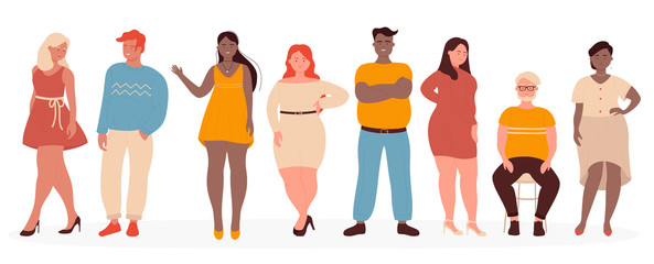 Overweight people vector illustration. Cartoon flat woman man model characters wearing casual clothes standing in row, plus size guy and girl smiling, cute body positive persons set isolated on white