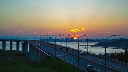 Sticker - Timelapse of the city landscape with a view of the Russian bridge. Vladivostok, Russia