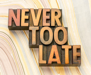 Wall Mural - never too late word abstract in vintage letterpress wood type printing blocks against marbled paper, business, education  and personal development concept