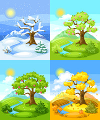 Wall Mural - Four seasons landscape. Illustration with trees, mountains and hills in winter, spring, summer, autumn.