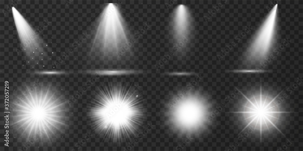 Set of Transparent Lens Flares and Lighting Effects. White spotlights. Glowing explosion, bright shining effect. Light Effects. Realistic falling snowflakes. Vector illustration - obrazy, fototapety, plakaty 