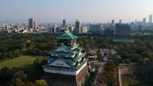 Aerial Footage Of Osaka Castle And Osaka City In The Autumn