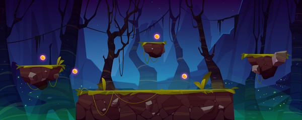 Wall Mural - game level background with platforms and items. vector cartoon landscape of night jungle with green 