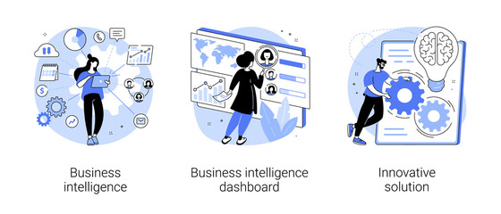 Wall Mural - Performance tools and software solutions abstract concept vector illustration set. Business intelligence, intelligence dashboard, innovative solution, data analysis, KPI metrics abstract metaphor.