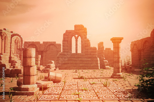 Fotografía Ancient historical stone ruins with remains of walls and pillars and hazy background