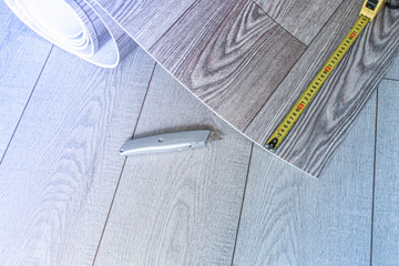 Wall Mural - Linoleum roll with wood texture, shot from above