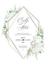 Wedding Trendy Elegant Invite, Save The Date, Greeting, Thank You Card, Floral Design. Pale Ivory White Peony Rose Flowers, Sage Green Herbs, Eucalyptus Branches, Greenery & Geometrical Metallic Frame