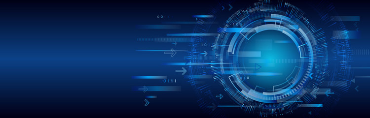 Hi-tech vector illustration with various technology elements. Wide Cyber security internet and networking concept. Abstract global sci fi concept. Digital internet communication on blue background