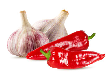 Red hot chili pepper and garlic isolated on white background