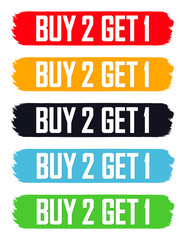 Buy 2 Get 1 Free, Set Sale banners design template, discount tags collection, great offer, vector illustration