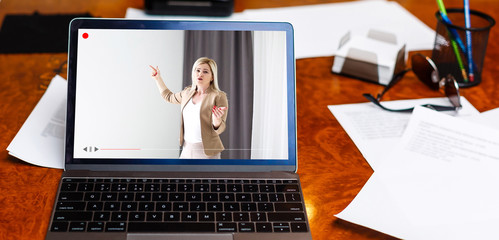 Wall Mural - Businesswoman making video call to business partner using laptop, looking at screen with virtual web chat, contacting client by conference, talking on webcam, online consultation, hr concept, close up