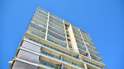 Architectural details of modern apartment building. Modern european residential apartment building complex.