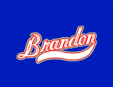 Brandon Name Art Designed In A White And Red Athletic Script With Blue Background. Great For Personalization.