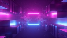 3d Render, Abstract Geometric Background, Futuristic Concept, Pink Blue Neon Light, Ultraviolet, Glowing Square Shape, Copy Space, Cosmos.