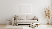 Blank Horizontal Poster Frame Mock Up In  Scandinavian Style Living Room Interior, Modern Living Room Interior Background, Beige Sofa And Pampas Grass, 3d Rendering