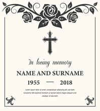 Funeral Card Vector Template, Condolence Flower Ornament With Cross, Name, Birth And Death Dates. Obituary Memorial, Gravestone Engraving With Fleur De Lis Symbols In Corners, Vintage Funeral Card