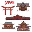 Japanese temples, pagodas and shrines, Japan Tokyo red torii gates Itsukushima Ryobu. Vector Buddhist architecture landmarks Kokubunji temple Zenko-ji in Nagano and Sumiyoshi-taisha shrine in Osaka