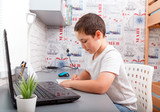 Fototapeta Na drzwi - Happy caucasian schoolboy doing homework sitting at desk Homeschooling