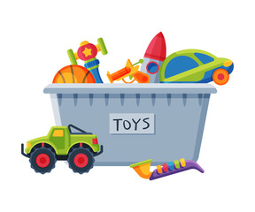 Poster - Box with Various Colorful Toys, Plastic Container with Truck, Car, Saxophone, Rocket, Gun Flat Vector Illustration