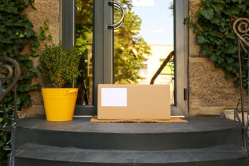 Wall Mural - Delivered parcel on door mat near entrance