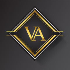 VA Letter logo in a square shape gold and silver colored geometric ornaments. Vector design template elements for your business or company identity.