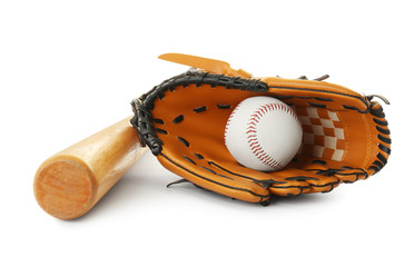 Leather baseball ball, bat and glove on white background